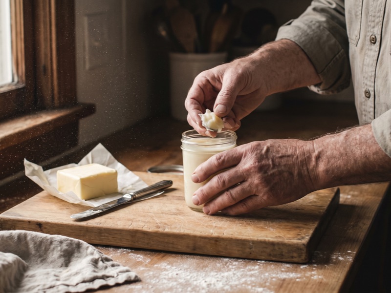 A man scoops a fingertip of pale tallow balm from a glass jar on a wooden board next to a block of butter