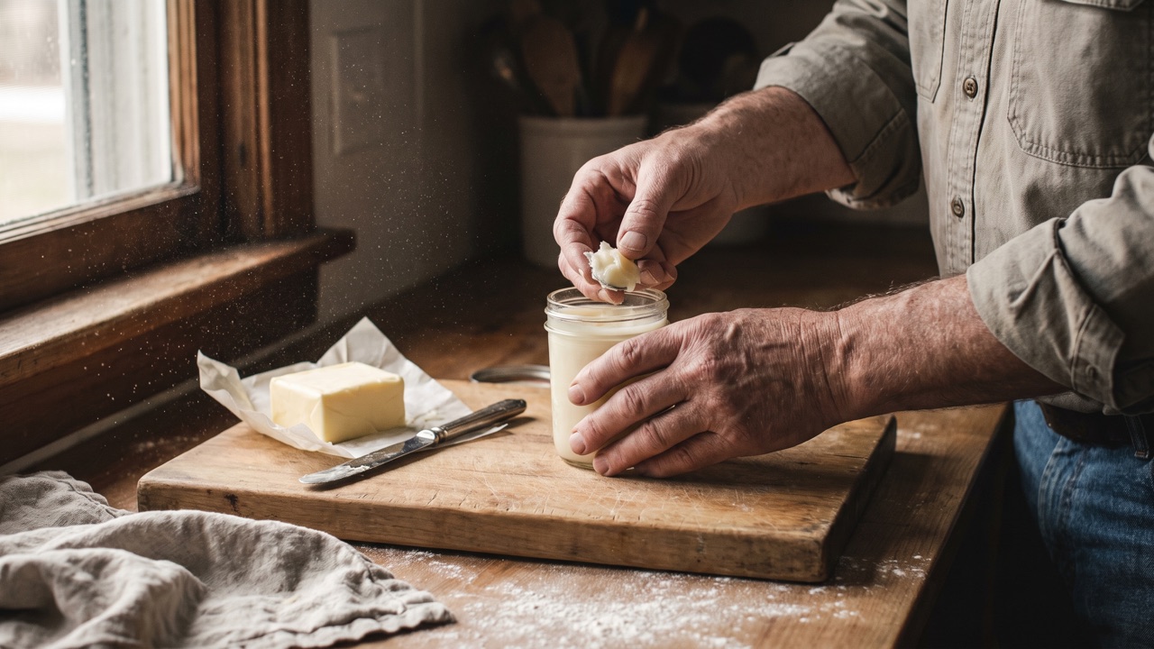 A man scoops a fingertip of pale tallow balm from a glass jar on a wooden board next to a block of butter