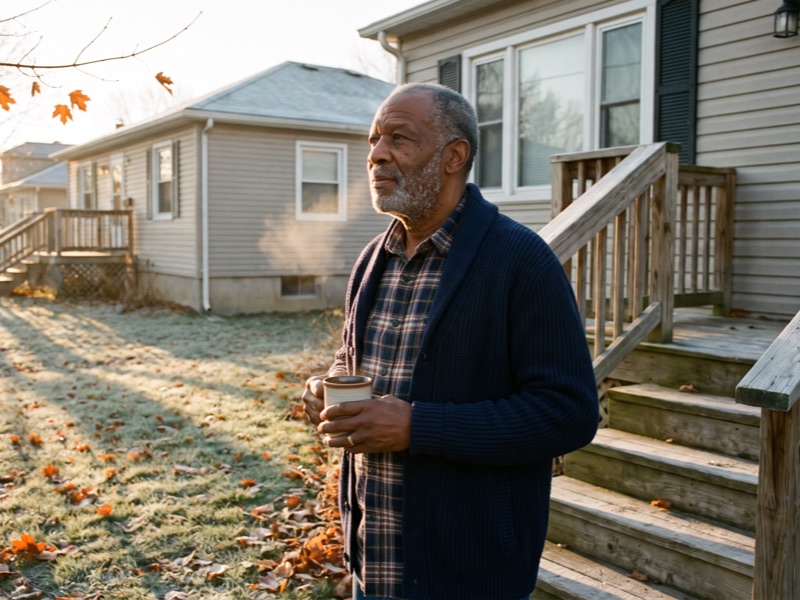 An older man in a navy cardigan holds a mug of coffee on his back steps in early-morning autumn sunlight