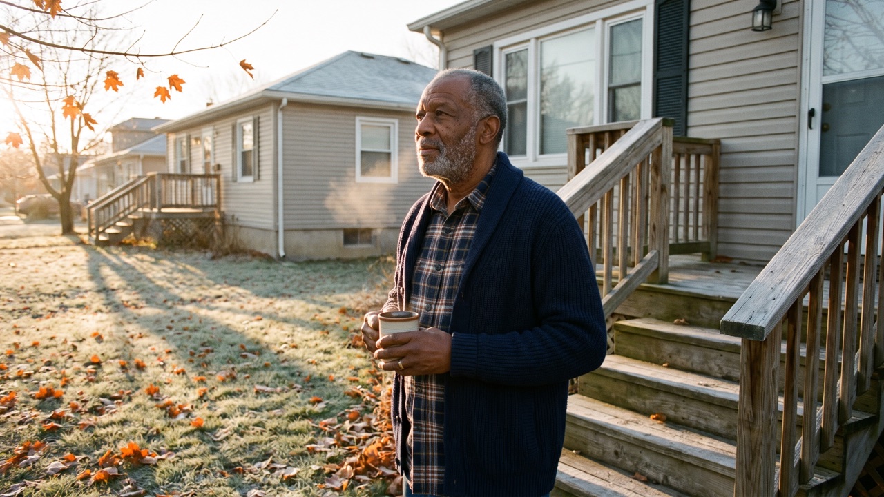 An older man in a navy cardigan holds a mug of coffee on his back steps in early-morning autumn sunlight