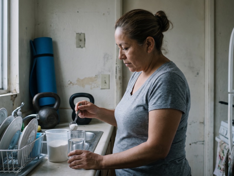 A woman stirs a spoon of creatine powder into a glass of water in a small kitchen, a kettlebell behind her