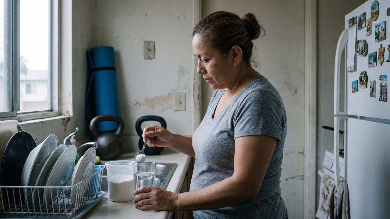 A woman stirs a spoon of creatine powder into a glass of water in a small kitchen, a kettlebell behind her