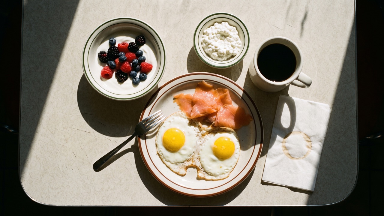 Overhead view of a breakfast with fried eggs, smoked salmon, Greek yogurt with berries and cottage cheese