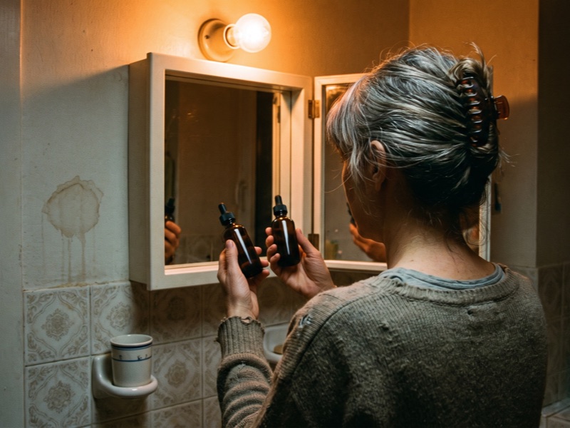 A grey-haired woman in a warmly lit bathroom compares two dark glass dropper bottles in front of a mirror cabinet