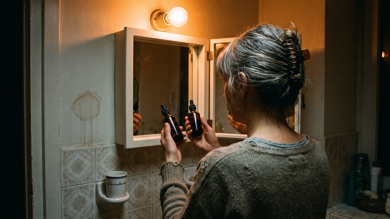 A grey-haired woman in a warmly lit bathroom compares two dark glass dropper bottles in front of a mirror cabinet