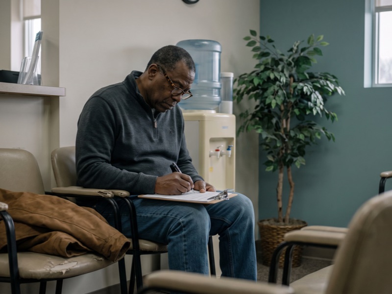 An older man fills out a form on a clipboard in a doctor's waiting room