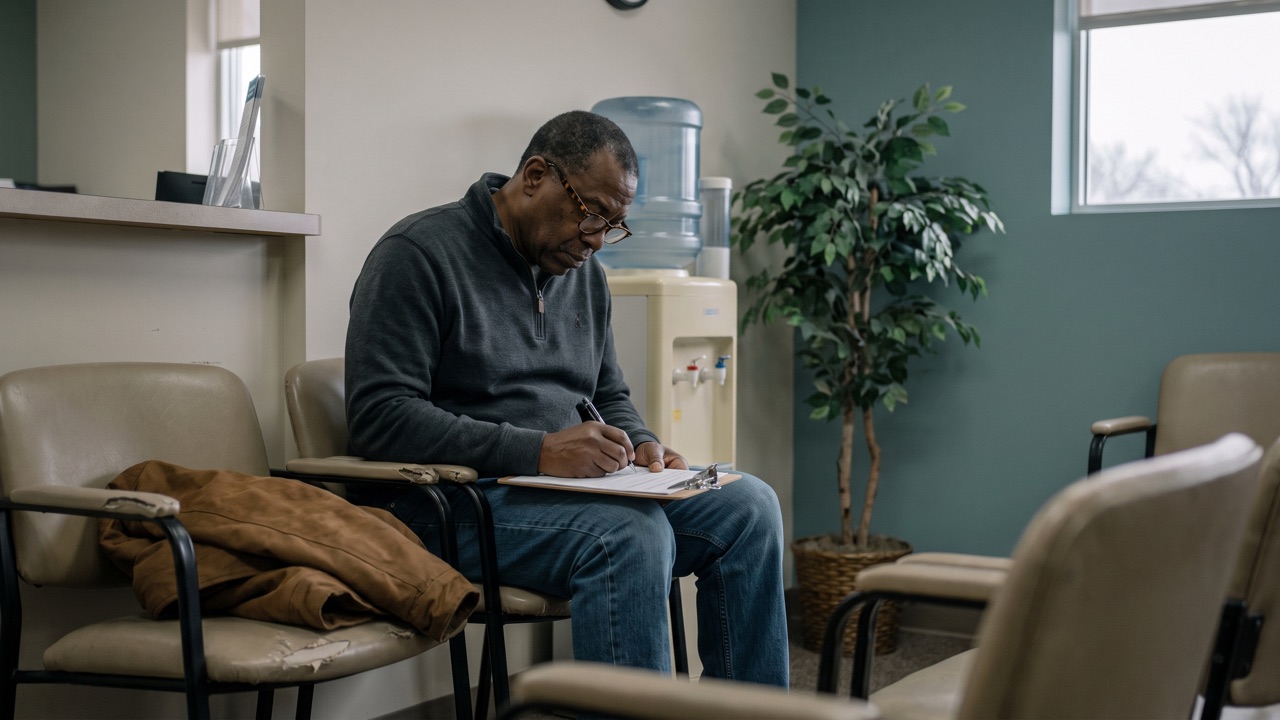An older man fills out a form on a clipboard in a doctor's waiting room
