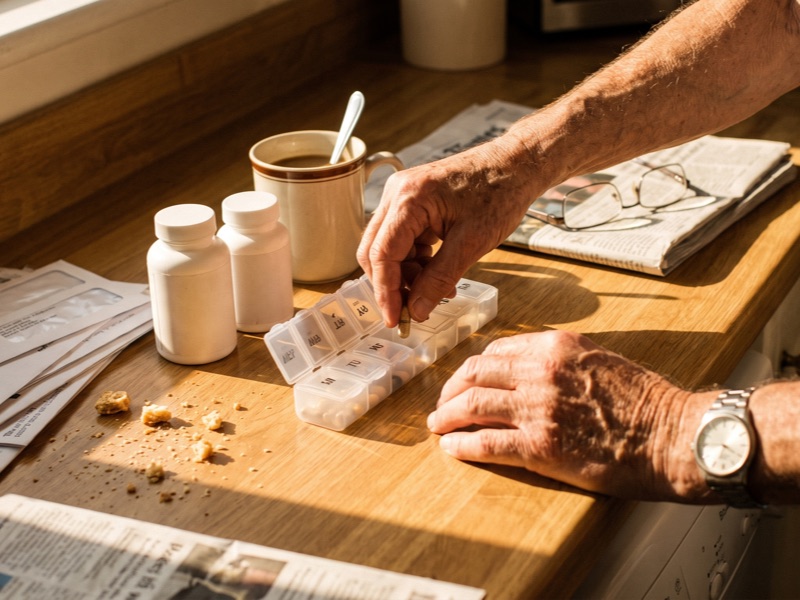 An older man's hands sorting capsules into a weekly pill organizer on a sunlit kitchen counter