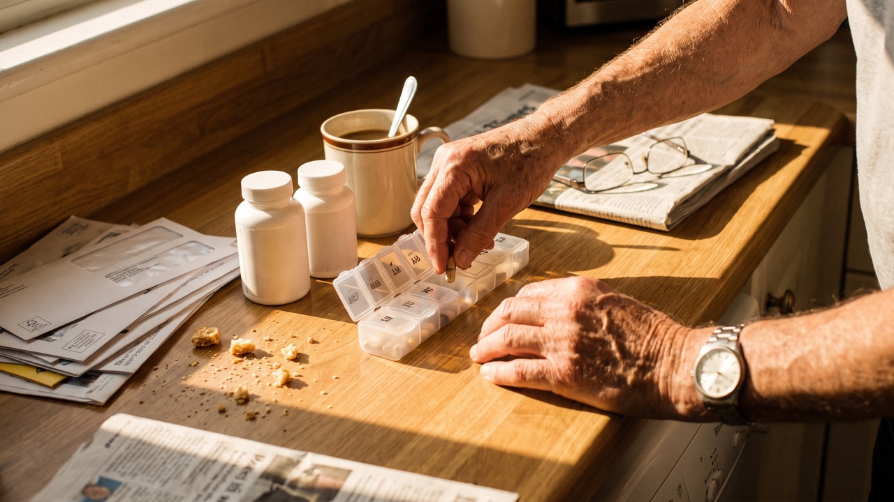 An older man's hands sorting capsules into a weekly pill organizer on a sunlit kitchen counter