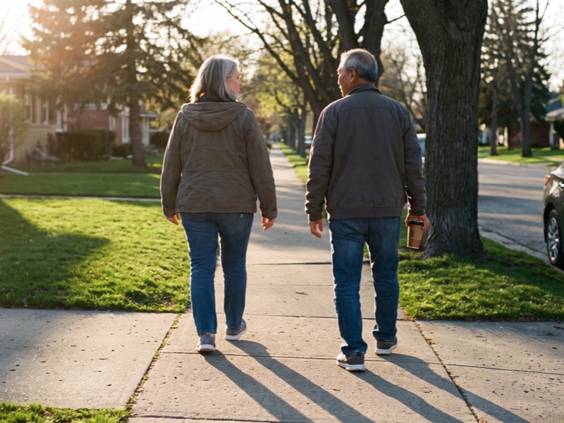 A couple in their sixties walking on a suburban sidewalk in late afternoon light, seen from behind