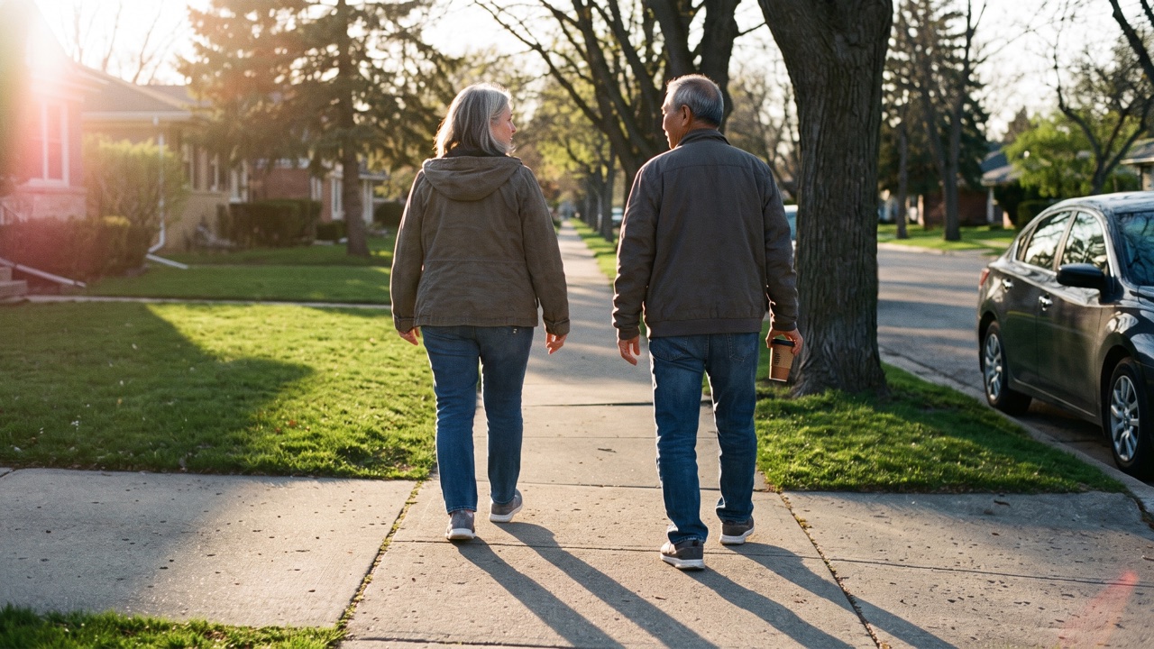 A couple in their sixties walking on a suburban sidewalk in late afternoon light, seen from behind