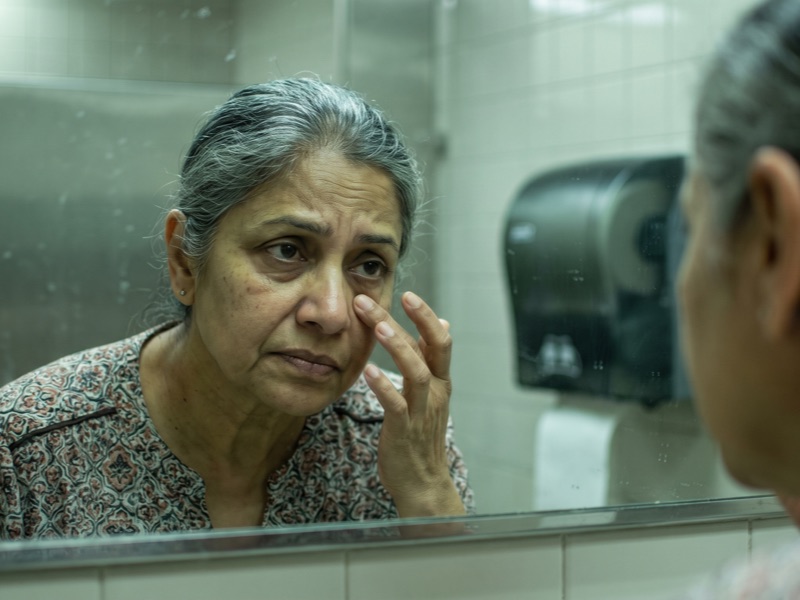A woman examines the skin under her eye in a restroom mirror under fluorescent light