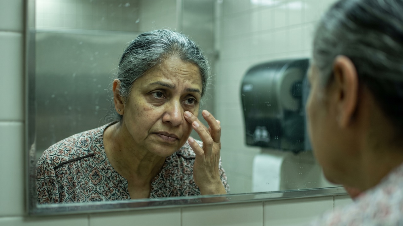 A woman examines the skin under her eye in a restroom mirror under fluorescent light