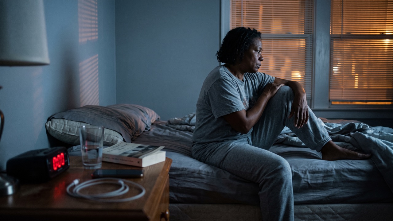 A woman sits on the edge of her bed in a dark bedroom at night, an alarm clock glowing on the nightstand